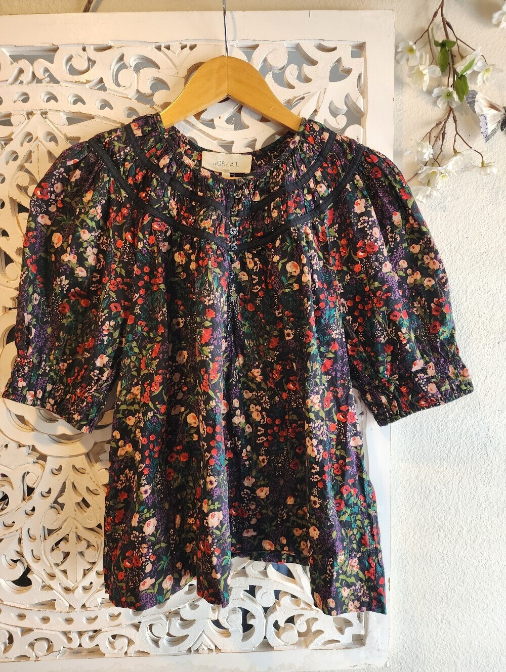 THE GREAT. THE STORYTELLER TOP BLACK FLORAL WOMENS SIZE 3 LARGE - Picture 7 of 16
